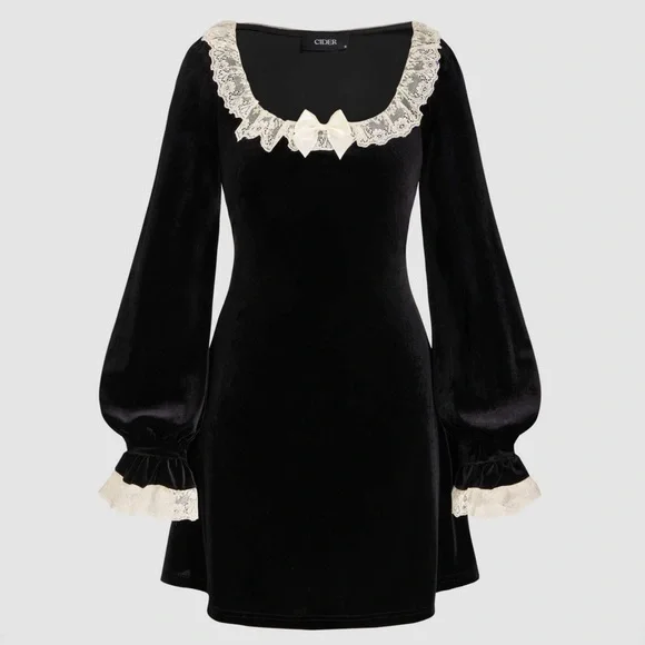 Velvet Scoop Neck Lace Bowknot Mini Dress - Picture 1 of 4